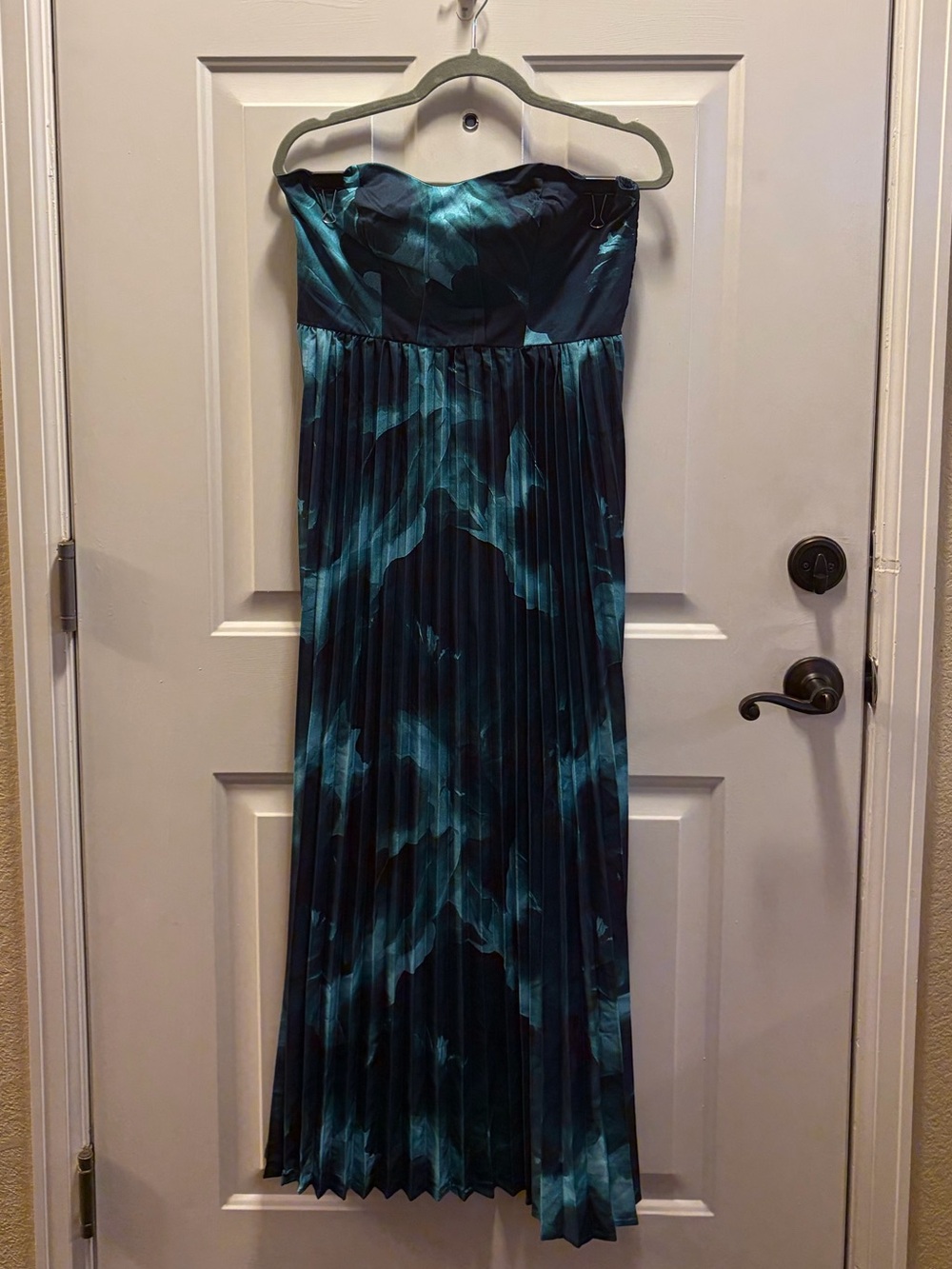 Strapless Teal and Black Pleated Maxi Dress